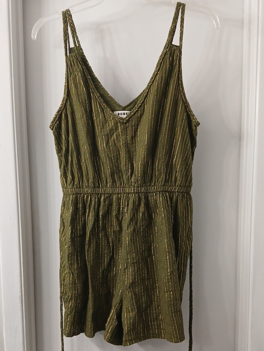 Boden Olive Green Strappy Romper with Gold Threading